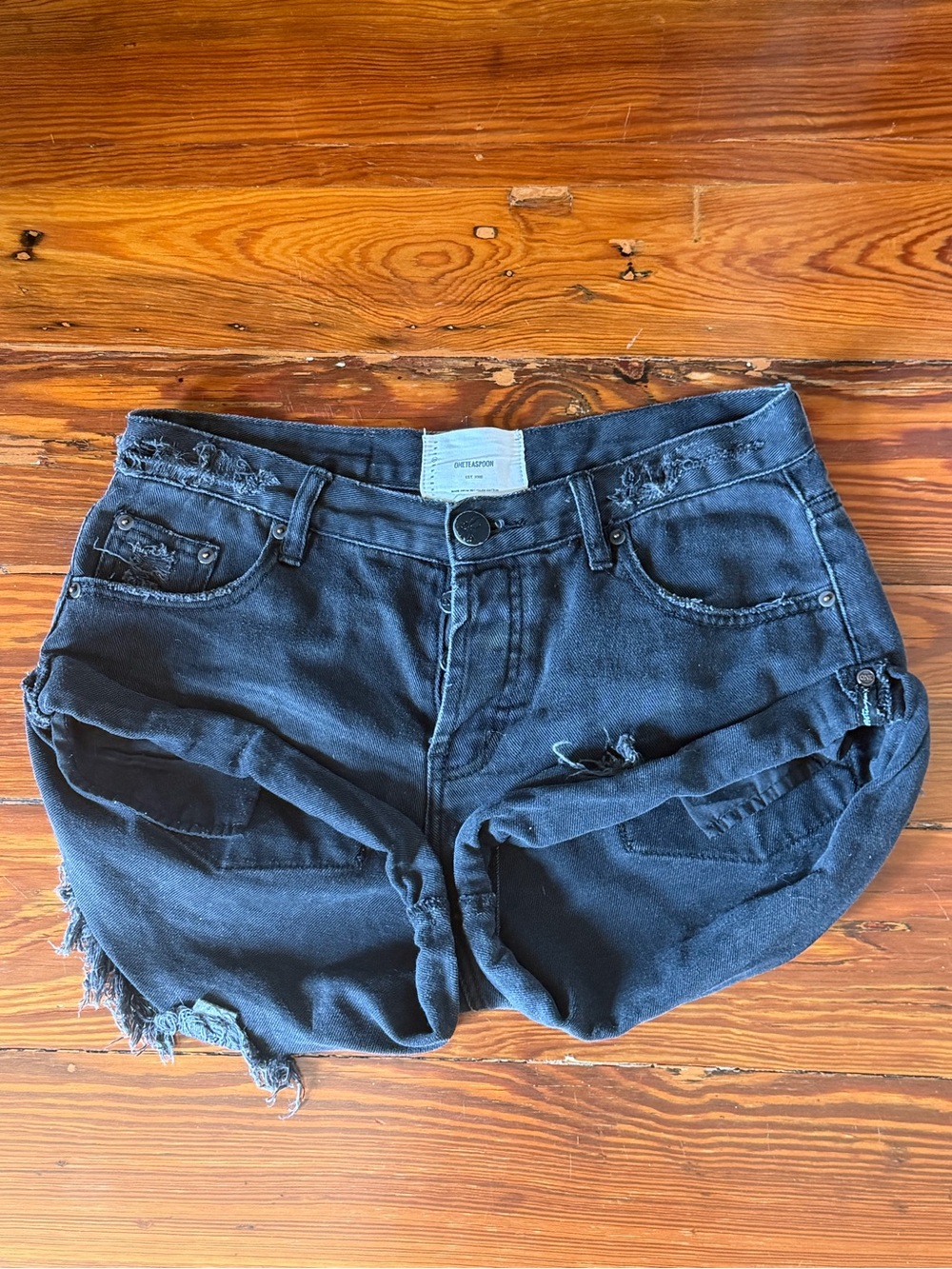 One Teaspoon Black Button-Fly Jean Shorts with Branded Buttons